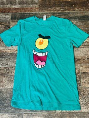 Plankton Graphic T-Shirt - Small - Green Face - 100% Cotton - S - Spongebob